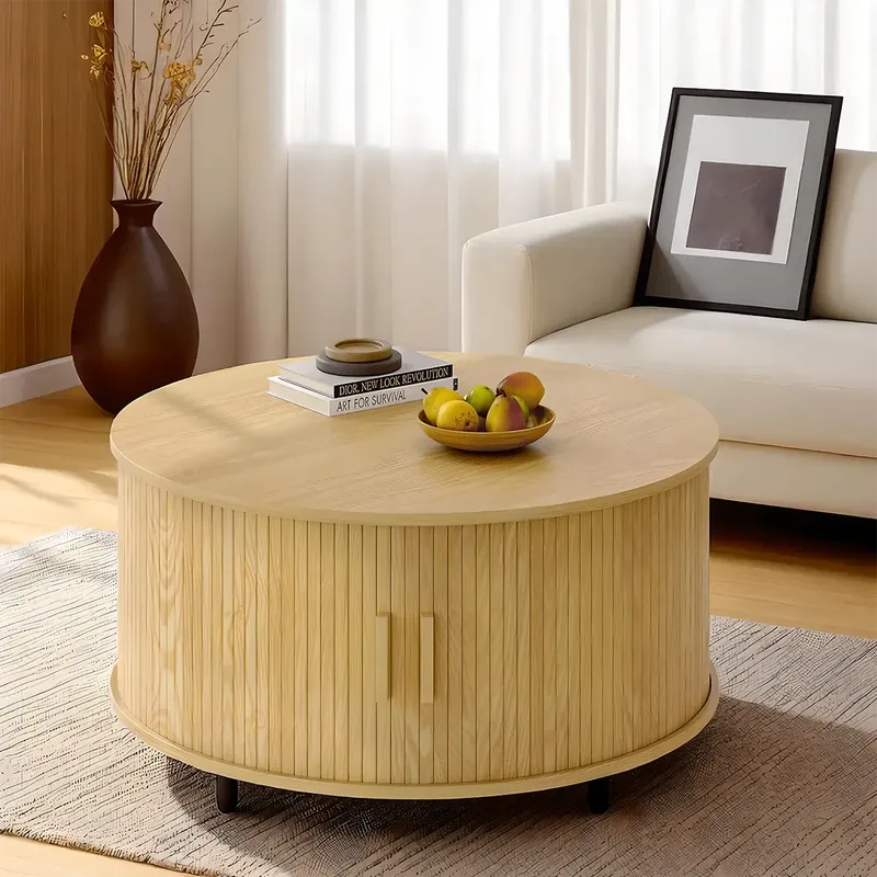 Scandi Round Wooden Coffee Table with Drawers